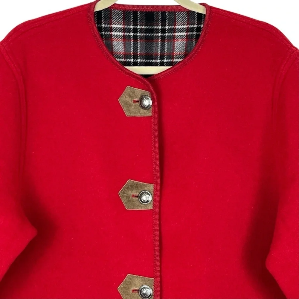 Sonnblick Landhausmoden Virgin Wool Reversible Plaid & Solid Red Jacket Sz. L??